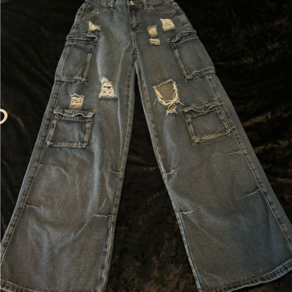 Girl’s Distressed Wide-Leg Denim Cargo Pants